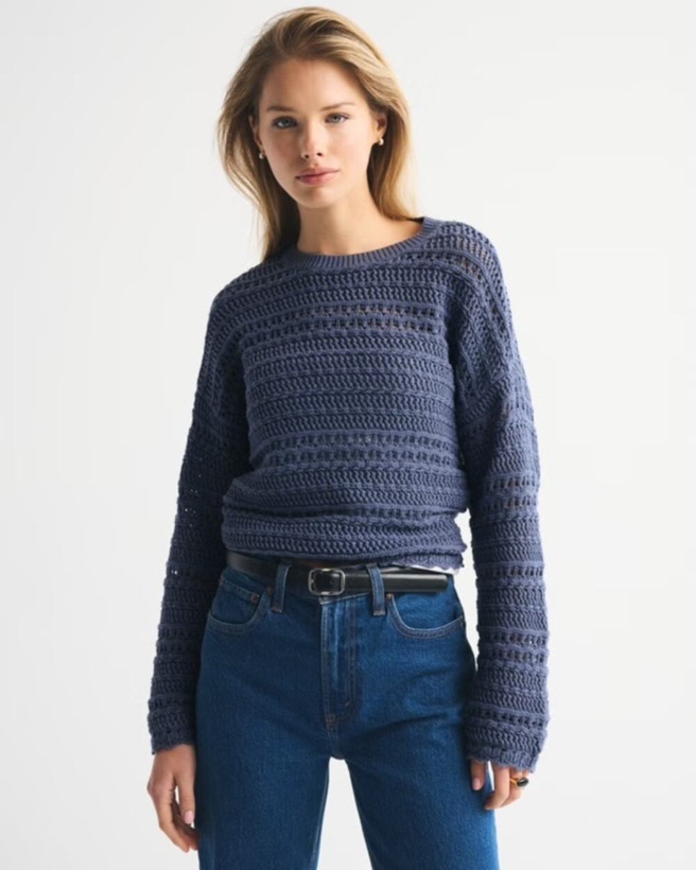 Abercrombie & Fitch Blue Textural Open-Stitch Crew Sweater